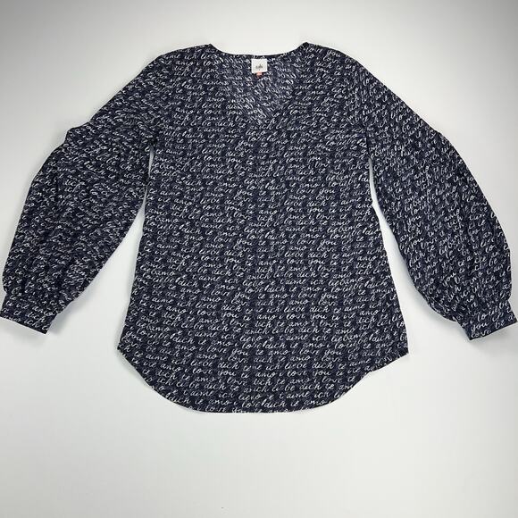 CAbi Te Amo Navy Blue Love Letter Languages Script Balloon Sleeve Blouse Size S - Picture 5 of 14